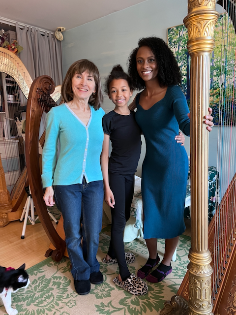 Stephanie Bennett with actress Adriana Murigu and harpist Angelica Hairston