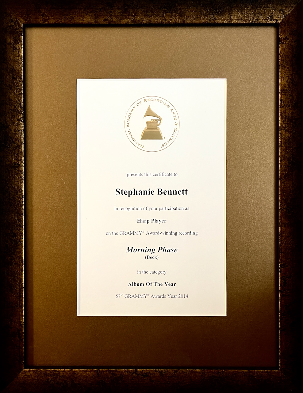 Grammy Certificate for playing on Beck's Morning Phase