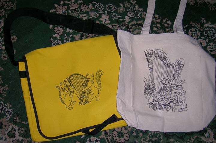 messenger and tote bags w Stephanie's artwork