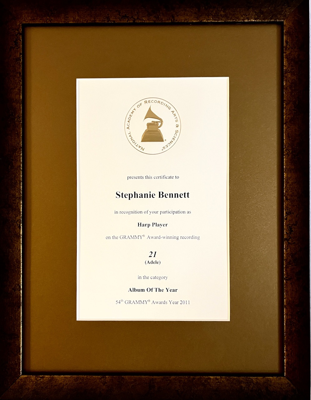 Grammy Certificate, for playing on 21